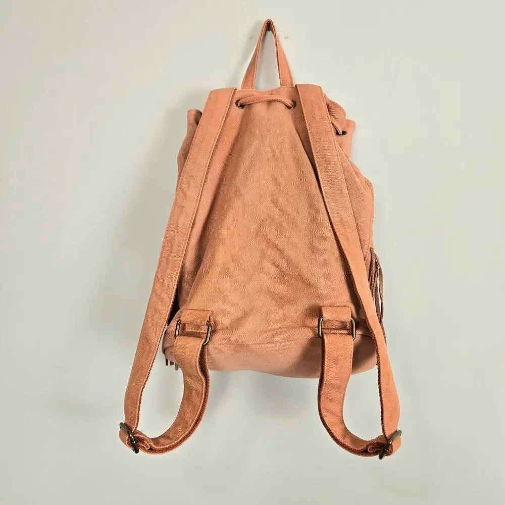 Embroidered Suede Fringe Canvas Bucket Backpack Salmon